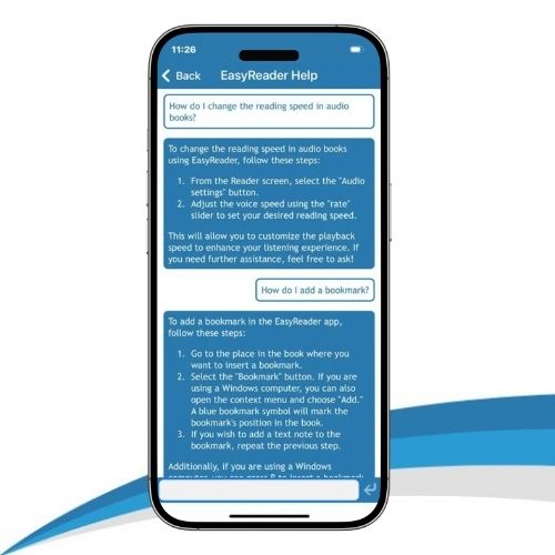 EasyReader Help 'Ask a Question' displayed on iPhone